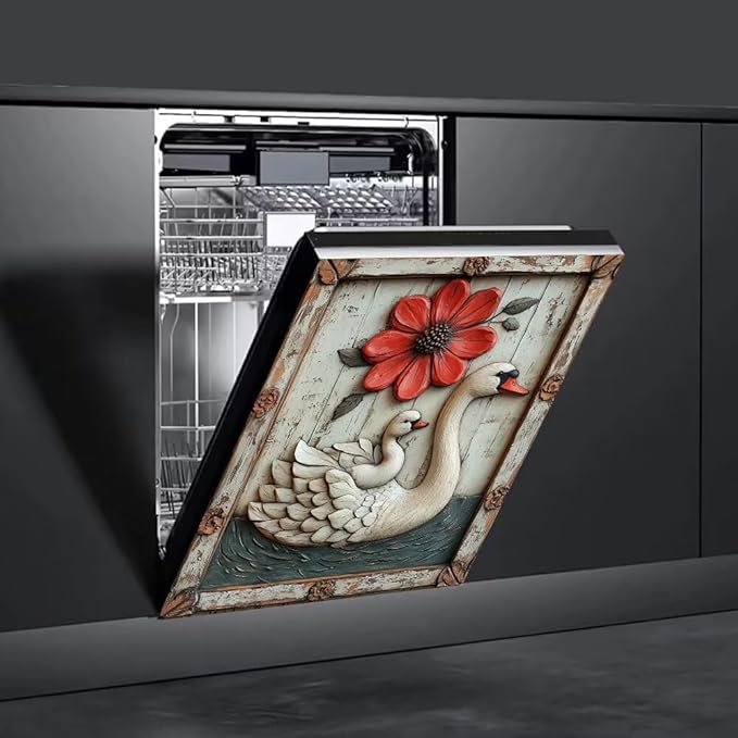 Swan with Red Flower Magnetic Dishwasher Cover Vinyl Sticker,Vintage Wooden Floral Dishwasher Magnet Cover,Rustic Wood Fridge Door Cover Magnets Art Skin Panel Decal for Home Decor, 23"X26"