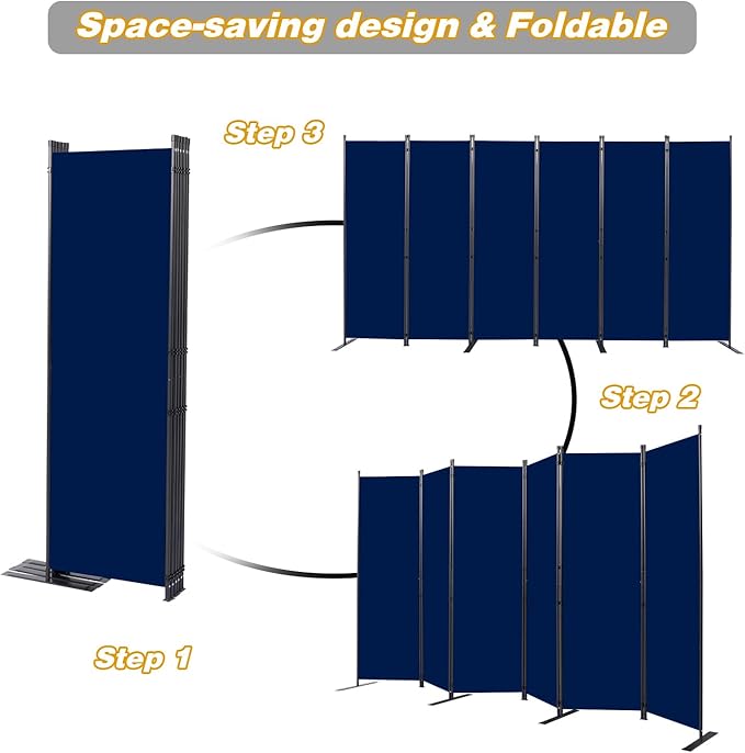 Room Divider, 6 Panel Folding Privacy Screens with Wider Support Feet, 6 Ft Portable Room Partition for Room Separator, 132" W X 71" H, Navy Blue
