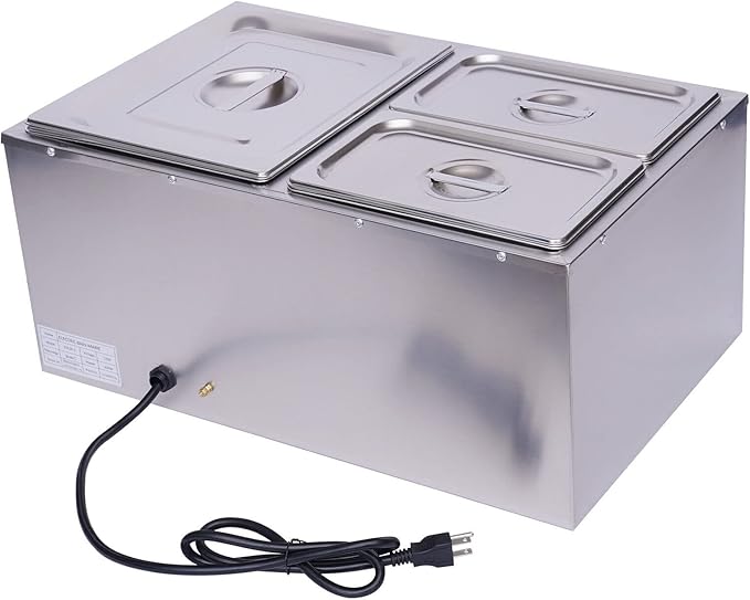 3-Pan Commercial Steam Table, Electric Bain Marie Food Warmer 600W Stainless Steel Countertop Buffet Food Warmer Container 21.6Qt with Lid and Tap for Catering, Restaurant, Buffets