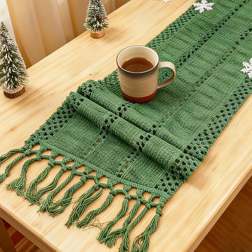 Niviy Sage Green Boho Table Runner for Home Decor 108 Inches Long with Tassels, Rustic Macrame Cotton Linen Woven Coffee Table Runners for Bohemian Dining Table Decoration, Green