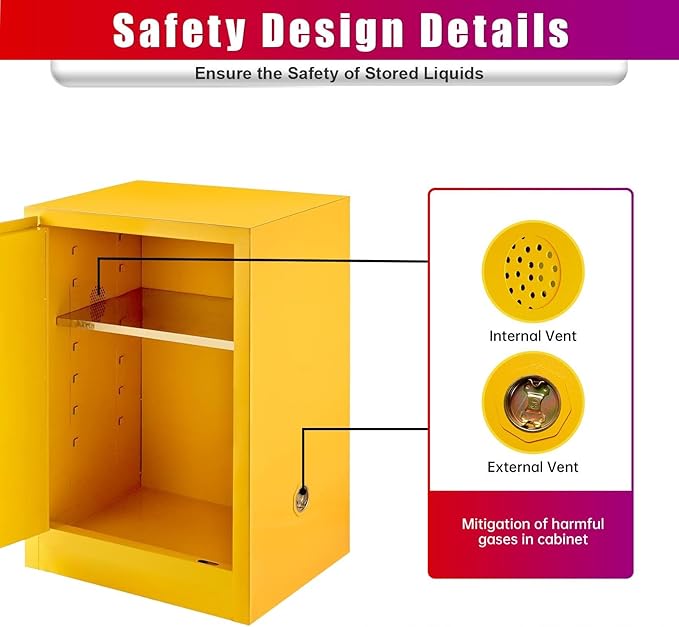 Flammable Storage Cabinet 16 Gallon, Explosion Proof Yellow All-Welded Steel Body Chemical Safety Cabinet, 3-Point Locking System Adjustable Shelf for Warehouses, Industrial Use, Home & Commercial