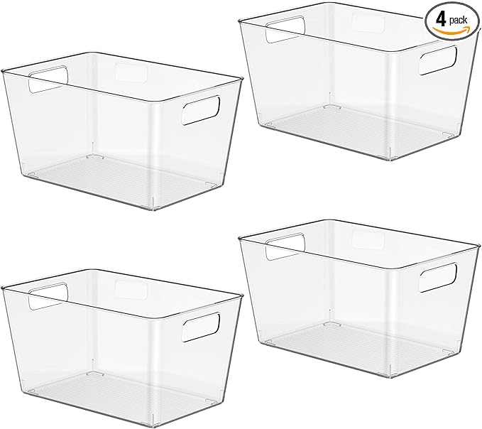 4 Pack Clear Plastic Storage Bins, 11" Large Pantry Organizer Bins with Handles, Plastic Containers for Refrigerator,BPA-Free Perfect for Kitchen,Fridge,Cabinet,Pantry,Bathroom,Closet Organization