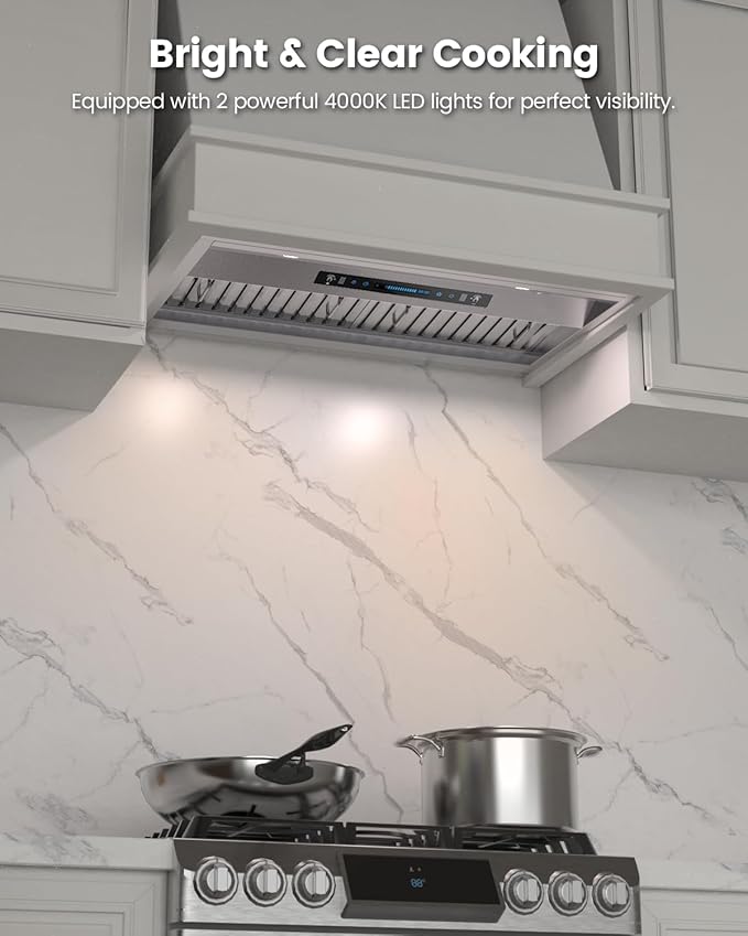 JOCO 42 Inch Range Hood Insert, 900 CFM Stainless Steel Built-In Kitchen Vent Hood, Convertible for Ducted or Ductless Installation, 4-Speed Gesture/Touch/Remote Control, Model B02-42G