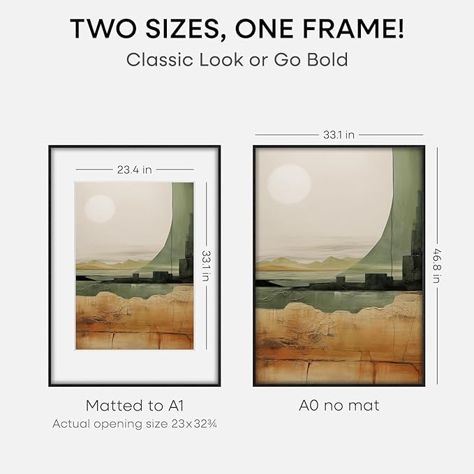 Homeforia Black Wood A0 Frame, High End Oak 33.1 x 46.8 Black Wooden Poster Frames Matted to 23.4 by 33.1 inches Photo, A0 Size Large Wood Picture Frame with Mat A1, Tempered Glass, Wall Kit, Set of 2