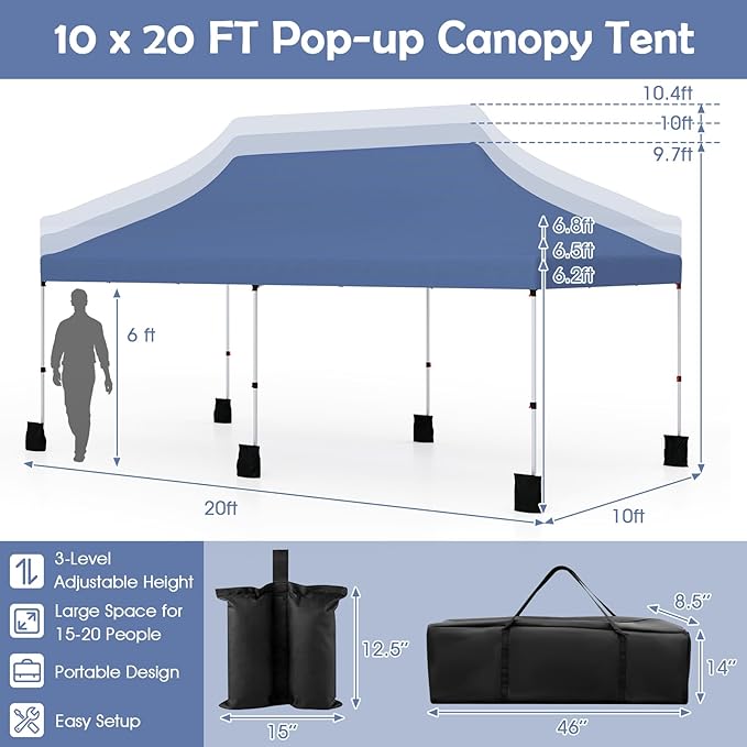 Tangkula 10x20 Ft Pop Up Canopy, Instant Setup Tent with 6 Sandbags, 12 Stakes & 6 Ropes, UPF 50+ Portable Outdoor Canopy Tent with Carrying Bag for Camp, Beach, Patio (Blue)