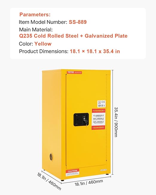 VEVOR Flammable Cabinet 18" x 18" x 35", Galvanized Steel Safety Cabinet, Adjustable Shelf Flammable Storage Cabinet, for Commercial Industrial and Home Use, Yellow: Industrial & Scientific