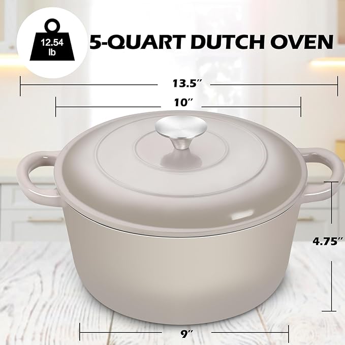 TeamFar 5Qt Dutch Oven, Enameled Cast Iron Dutch Oven with Lid & Dual Handles for Cooking Baking Braising Simmering, Healthy & Sturdy, Oven & Various Stovetops Safe, Non-stick & Easy Clean - Khaki