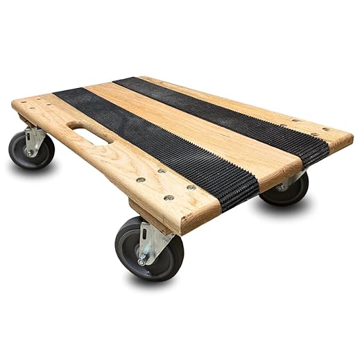 Solid Top Oak Furniture Dolly w/Non-Skid Rubber Strips - 18"x30" - Solid Deck Durable with 4" Thermo Rubber Wheels - 960 lbs Load Capacity
