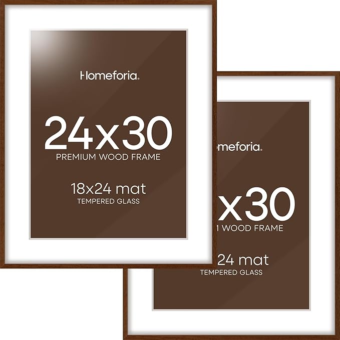 Homeforia 24x30 Walnut Frame, High End Oak 24 x 30 Wooden Poster Frame with Mat 18 x 24, 30x24 Large Picture Frames for Wall, 24x30 Brown Wood Frame Matted to 18x24, Tempered Glass, Wall Kit, Set of 2