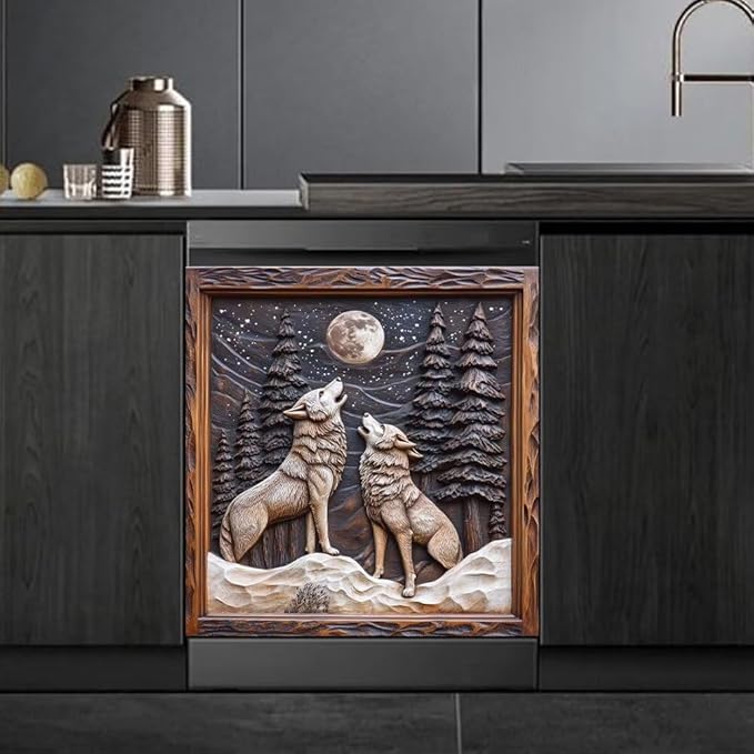 Wolves Howling at Moon Magnetic Dishwasher Cover Vinyl Sticker,Forest Scene with Pine Trees Dishwasher Magnet Cover, Wood Fridge Door Cover Magnets Art Skin Panel Decal for Home Decor, 23"X26"