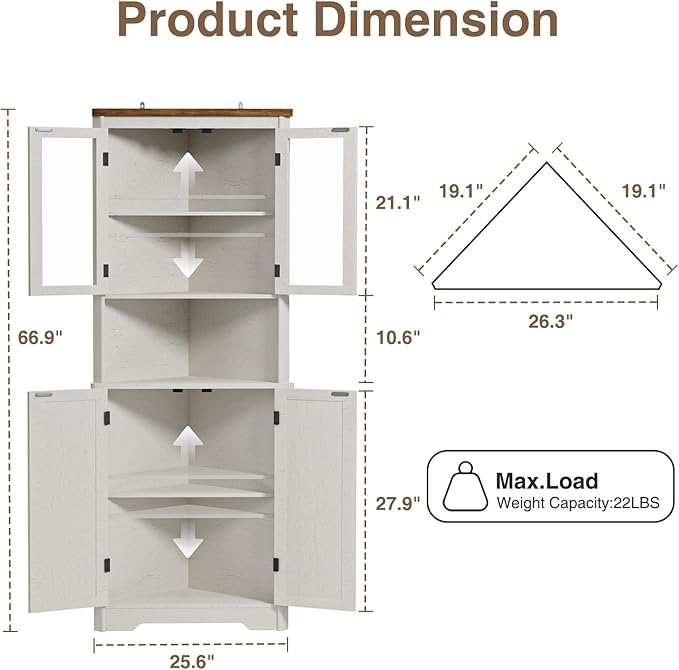 67''H Tall Corner Cabinet with 4 Tempered Glass Doors and Barn Doors, Farmhouse Storage Cabinet with 5 Adjustable Shelves, Home Pantry Hutch for Kitchen, Dining Living Room, Bathroom, Antique White
