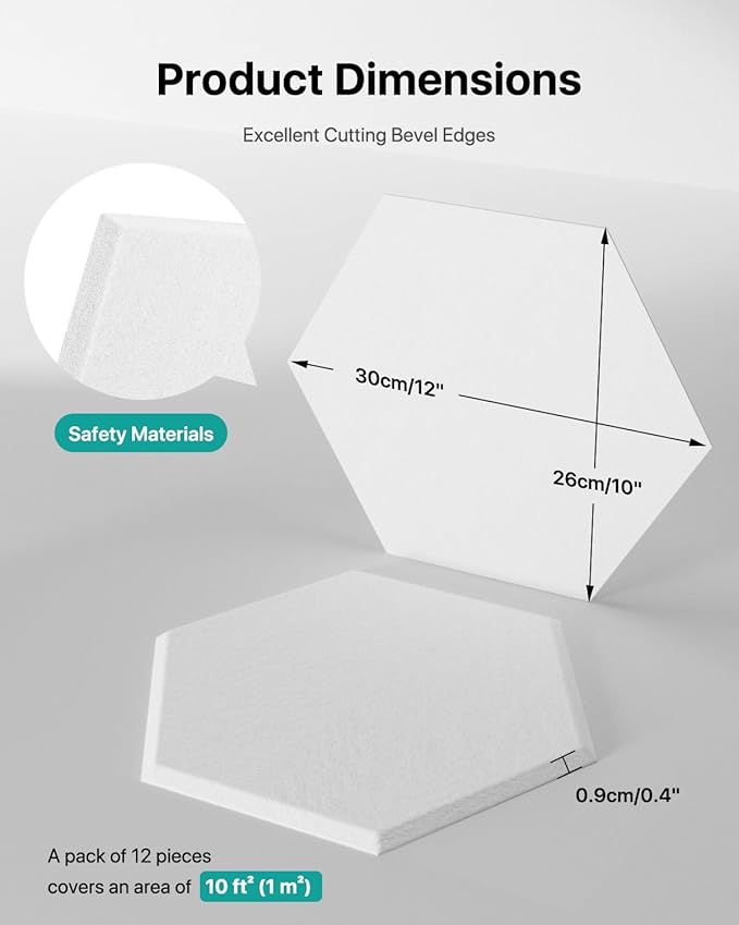 12 Pack Soundproof Wall Panels, Hexagon Acoustic Panels High Density Acoustic Wall Panels, Self-Adhesive Sound Proofing Panels for Walls, Office, Reccording Studio, Ceiling 12" X 10" X 0.4" White
