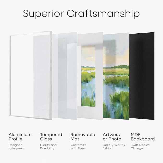 Homeforia 14x14 Picture Frame White, High End Metal 14 x 14 Square Poster Frames with Mat 12 x 12 Photo, 14x14 White Frame Matted to 12x12 Print, 14by14 Thin Frames, Tempered Glass, Wall Kit, Set of 1