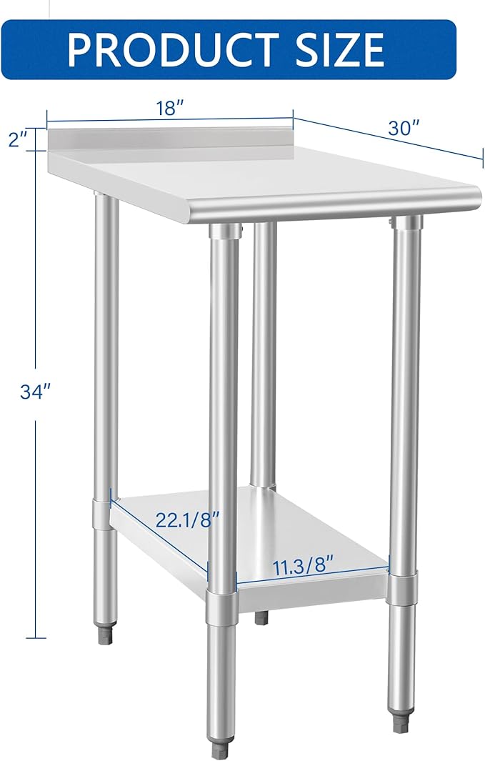 HARDURA Stainless Steel Commercial Work Table Prep Work Metal Table 30×18 Inches with Undershelf and 2" Backsplash Heavy Duty NSF 430 for Kitchen Food Prep