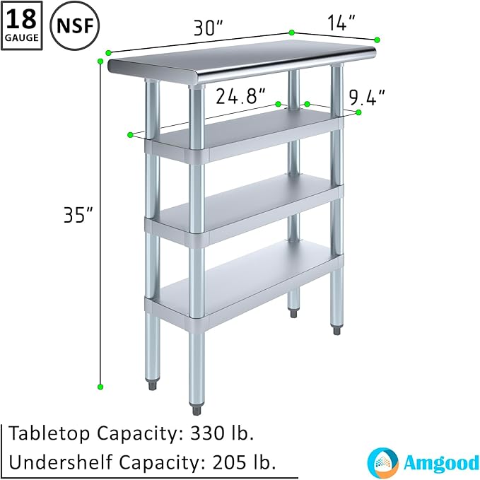 14 in. x 30 in. Stainless Steel Work Table with Three Bottom Shelves | NSF Kitchen Prep Table | Utitly Metal Table