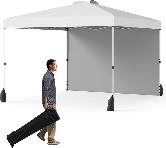 Tangkula 10x10 FT Pop up Canopy with Sidewall, Easy Setup Outdoor Tent with Wheeled Bag, 4 Sandbags, 4 Ropes, 4 Anchors, 8 Stakes, Vented Top, Portable Canopy Tent for Party Event Patio (White)