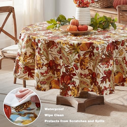 Newbridge Thanksgiving Fall Days Pumpkin 70” Round Vinyl Tablecloth