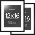 Homeforia 12x16 Black Wood Picture Frame, High End Oak 12x16 Poster Frames with Mat 9x12 Print, 12 x 16 Black Wooden Frame Matted to 9 by 12 Photo, 16x12 Thin Frame, Tempered Glass, Wall Kit, Set of 2