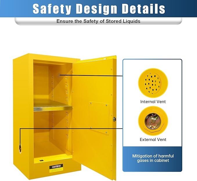 25 Gallon Flammable Storage Cabinet, 35.5×18×18in Galvanized Steel Safety Storage Cabinet, Adjustable Shelf Fireproof Cabinets, Flammable Liquid Storages Cabinets for Industrial and Home Use, Yellow