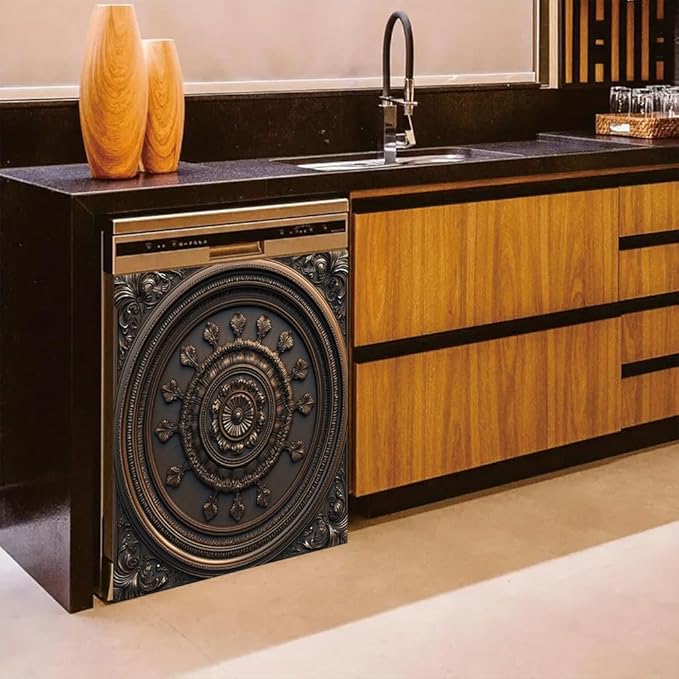 2D Flat Antique Bronze Round Embossed Dishwasher Magnetic Cover 23x26 Inch ClassicOrnamental Pattern Appliance Magnet for Kitchen Decor