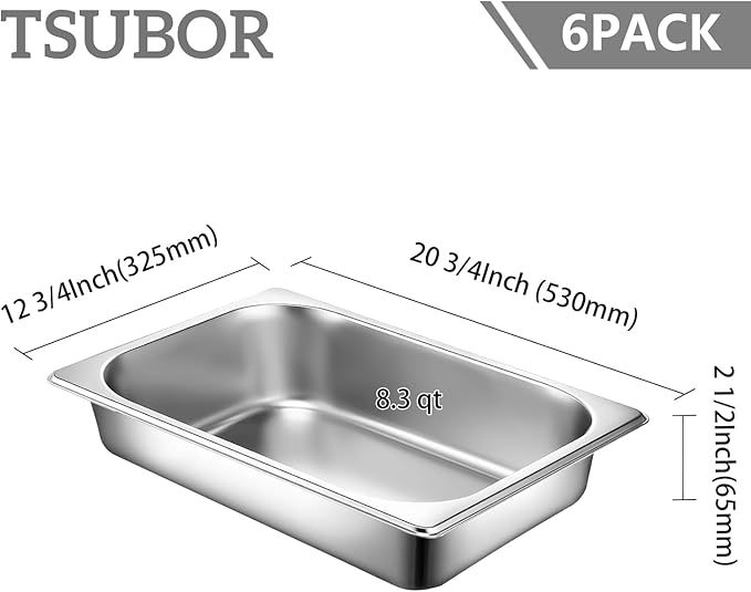 6 Set Stainless Steel Hotel Pans Full Size 2 1/2 Inch Deep With Lids, Anti-Jam Chafing Steam Table Pans, Catering Food Storage Metal Pan