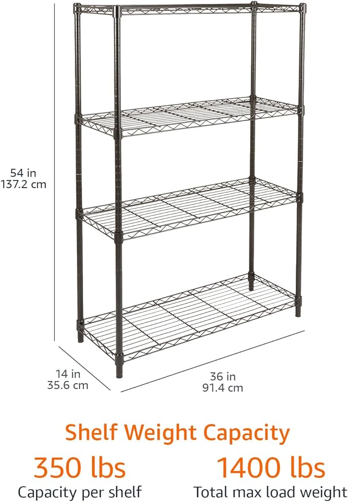 Amazon Basics 4-Shelf Steel Wire Rack, 36" L x 14" W x 54" H, Black | Heavy Duty, Adjustable, for Kitchen, Garage, Storage, Shelving Organizer