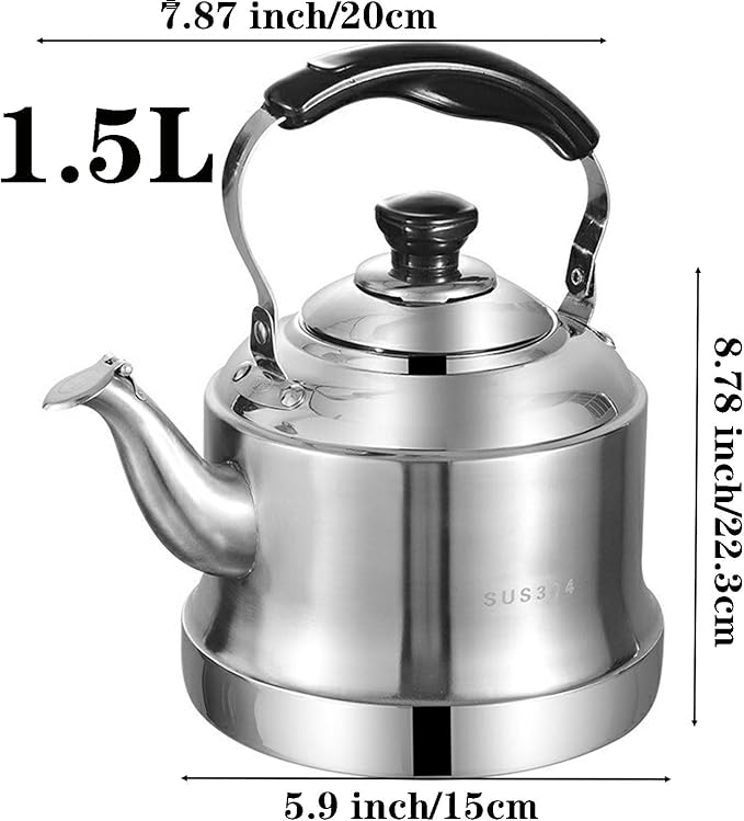Tea kettle, 1.6 Quart Food Grade 304 Stainless Steel Tea Kettle for Stove top Whistling Teapot with Cool Touch Ergonomic Handle, Suitable for All Heat Sources(1.5L)
