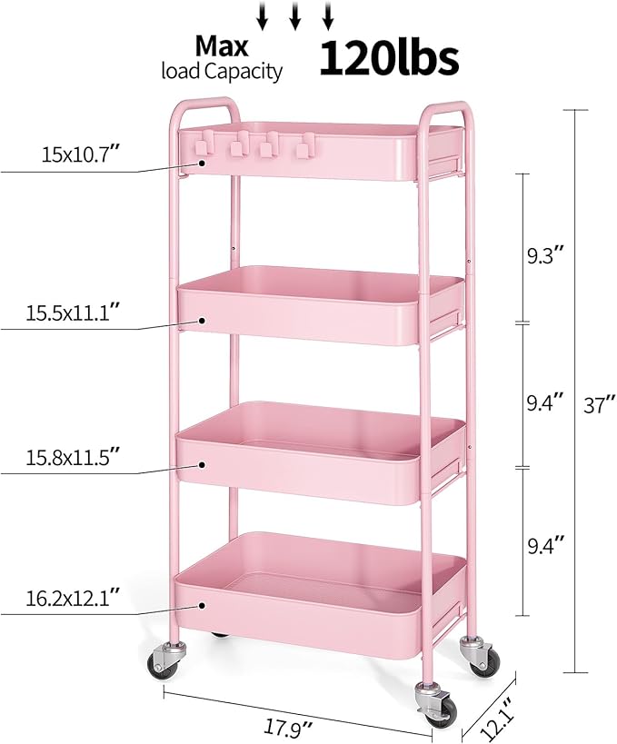 TOOLF 4-Tier Metal Rolling Cart with Wheels, Storage Utility Organizer Cart for Kitchen, Bathroom, Office, Baby Essentials & Makeup - Lockable Casters, Easy Assembly, Large Capacity, Pink