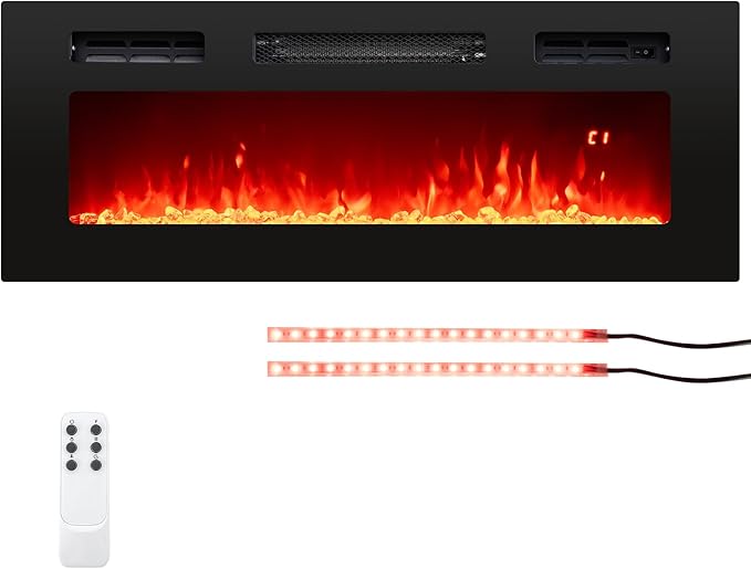 Tangkula 36 Inches Electric Fireplace, 5,000 BTU Fireplace Insert with LED Light Strips, Remote, Crystal Stones & Adjustable Flame Effect, 1-8H Timer, Thermostat & Overheat Protection