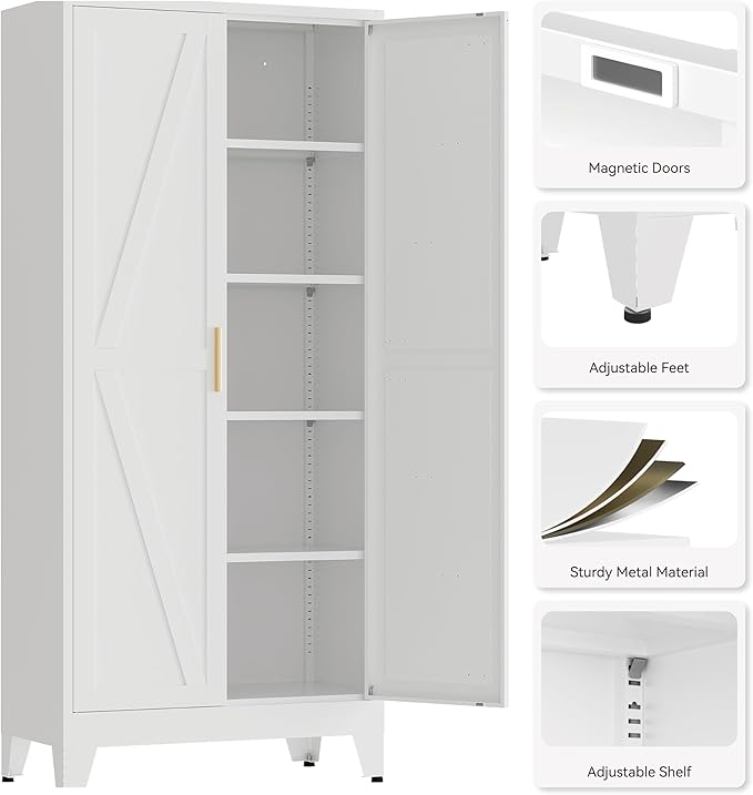 71" Tall Pantry Cabinet, White Metal Pantry Storage Cabinet, Kitchen Pantry Storage Cabinets with 2 Door and 4 Adjustable Shelves (White, 71" H)