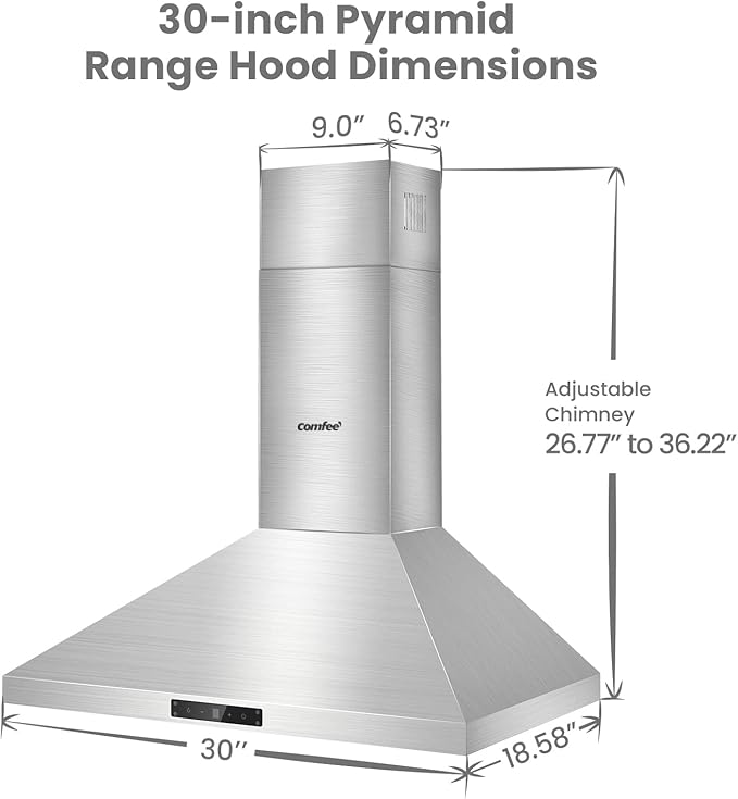 COMFEE' CVP30W7AST 30 Inch 450 CFM 3 Speed Gesture Sensing &Touch Control Panel Stainless Steel Wall Mount Ductless/Ducted Convertible Vent Baffle Filters and 2 LED Lights Range Hood