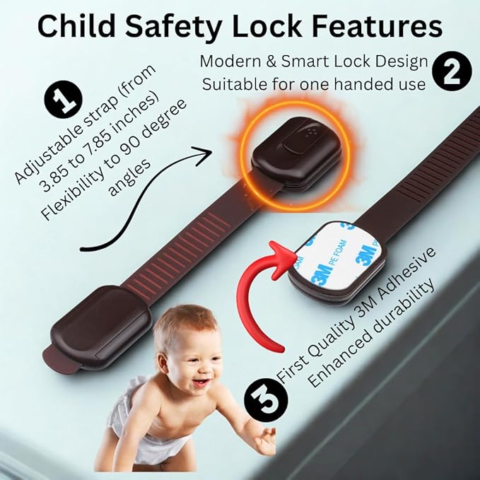 Child Safety Cabinet Locks (4 Pack) – Adjustable Baby Proofing Strap Latches with Strong 3M Adhesive – No Drill Childproof Locks for Drawers, Cabinets, Fridge, Door, Closet, Brown