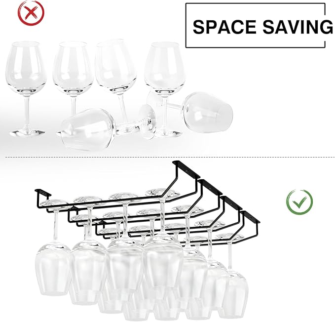 14-Inch Wine Glass Holder - Under Cabinet Metal Stemware Rack for Kitchen Bar - Single Rail Hanging Storage Hanger, Set of 2