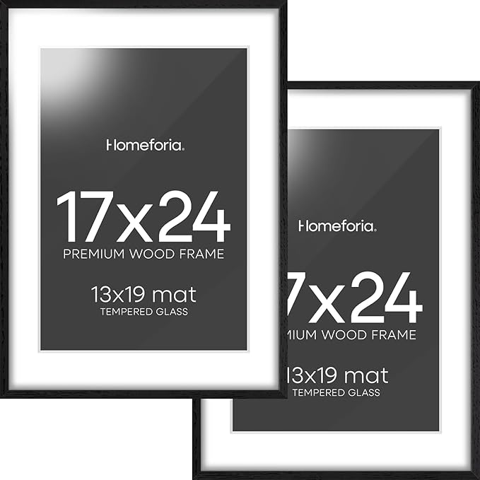 Homeforia 17x24 Picture Frame Black Wood, High End Oak 17x24 Poster Frames with Mat 13x19 Photo, 17 x 24 Wooden Frame Matted to 13 by 19 Print, 24x17 Hanging Frames, Tempered Glass, Wall Kit, Set of 2