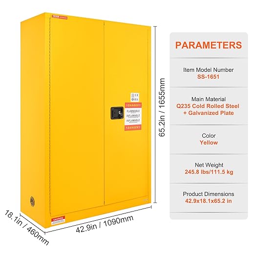 VEVOR Flammable Cabinet 18" x 43" x 65", Cold-Rolled Steel Flammable Liquid Storage Cabinet, 45 Gal in Explosion Proof with 2 Adjustable Shelves 2 Manual Doors for Industrial Use, Yellow