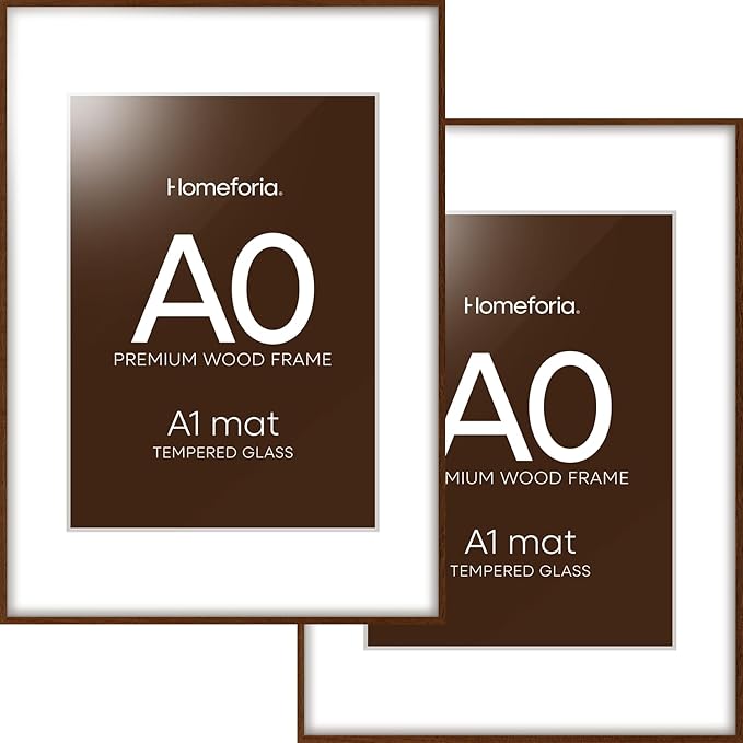 Homeforia A0 Poster Frame Brown, High End Dark Oak 33.1 x 46.8 Wooden Picture Frames Matted to 23.4 by 33.1 Photo, A0 Walnut Wood Frame with Mat A1, 33.1x46.8 Frame, Tempered Glass, Wall Kit, Set of 2