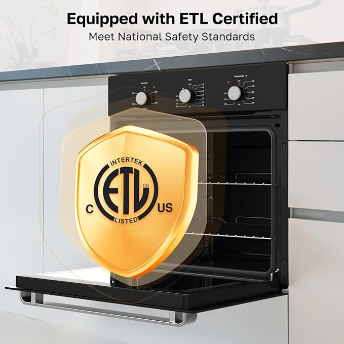 ThermoMate 24" Electric Wall Oven, ETL Certified, 2.8 Cu. Ft. Built-in Electric Wall Oven with 5 Cooking Functions, Black, Anti-Mistouch Knob, Removable 3-Layer Glass Door, 2200W