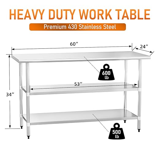 Stainless Steel Table for Food Prep & Work 24 x 60 inches with 2 Adjustable Undershelves, Commercial Workstation in Kitchen, Garage, Outdoor BBQ