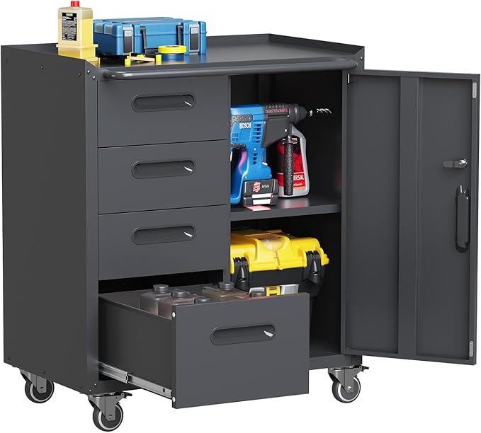 Black Metal Storage Cabinet with Wheels Heavy Duty Steel Rolling Tool Carts for Garage Locking Tool Storage Cabinets with Wheels and Drawers for Kitchen Basement Warehouse, Assembly Required