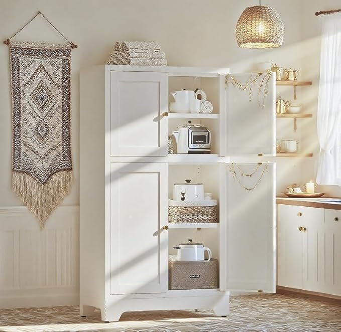 Metal Pantry Cabinet,Tall Kitchen Pantry Storage Cabinet with 4 Doors and 2 Adjustable Shelves,White Freestanding Cupboard Cabinet for Kitchen,Living Room,Dining Room,Home