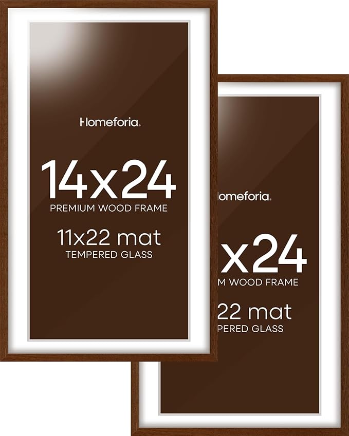 Homeforia 14x24 Picture Frame Brown, High End Dark Oak 14x24 Poster Wood Frame with Mat 11x22 for Photo, 14 x 24 Wooden Walnut Frame Matted to 11 x 22, 24x14 Frames, Tempered Glass, Wall Kit, Set of 2