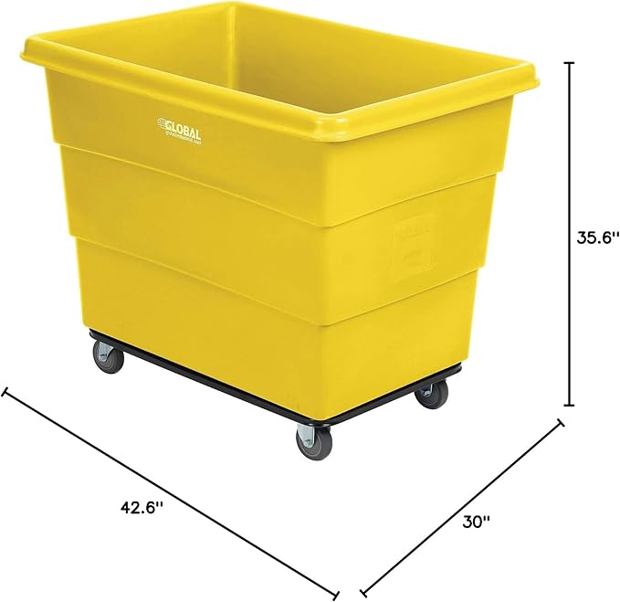 Global Industrial 16 Bushel Plastic Bulk Box Truck, Steel Chassis Base, 1000 lbs. Capacity, 4" Non-Maring Rubber Casters, Yellow, 42-3/5"L x 30" W x 35-3/5"H