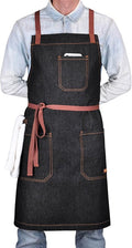 Professional Apron with Pockets, Mens Womens Chef Kitchen Bib Black Denim Apron for Cooking Grill BBQ Server, with Cross Back Straps and Towel Loop