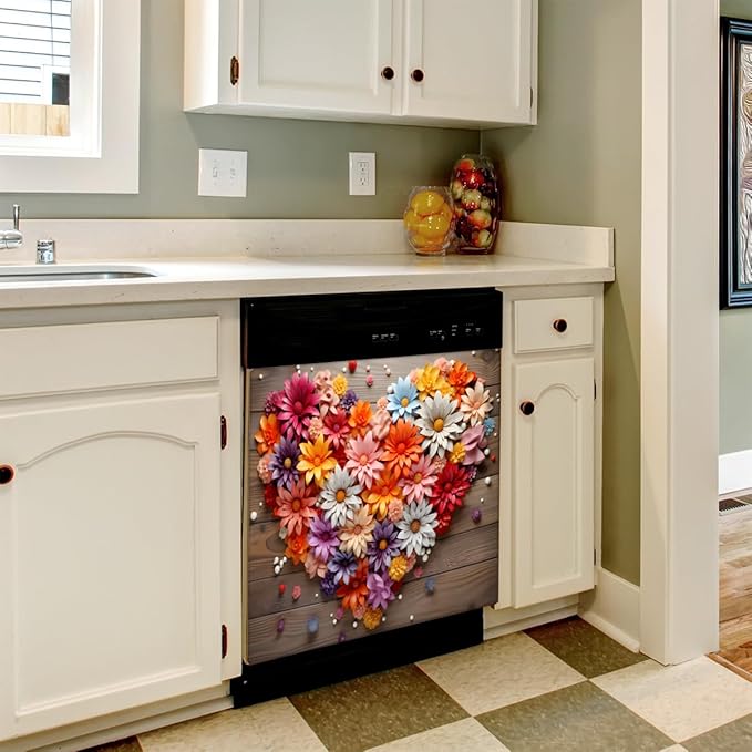 Valentine's Day Floral Board Dishwasher Magnet Cover, Reusable Refrigerator Panel Stickers Microwave Front Door Covers Magnets for Kitchen Home Appliances Holiday Party Decorations 23 X 26 in