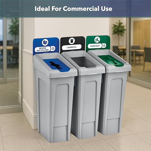 23 Gallon Landfill Waste Bin with Hinged Lid – Commercial Trash Container with Liner Cinches and Venting Channels – Slim Design for Restaurants, Offices, and Public Areas
