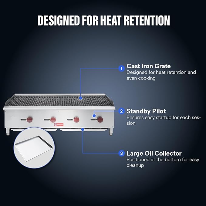 WESTLAKE 48"W Commercial Charbroiler Gas Countertop 4 Burner Natural Gas and Propane 120,000 BTU Char Broiler Stainless Steel BBQ Stove Grill for Restaurants