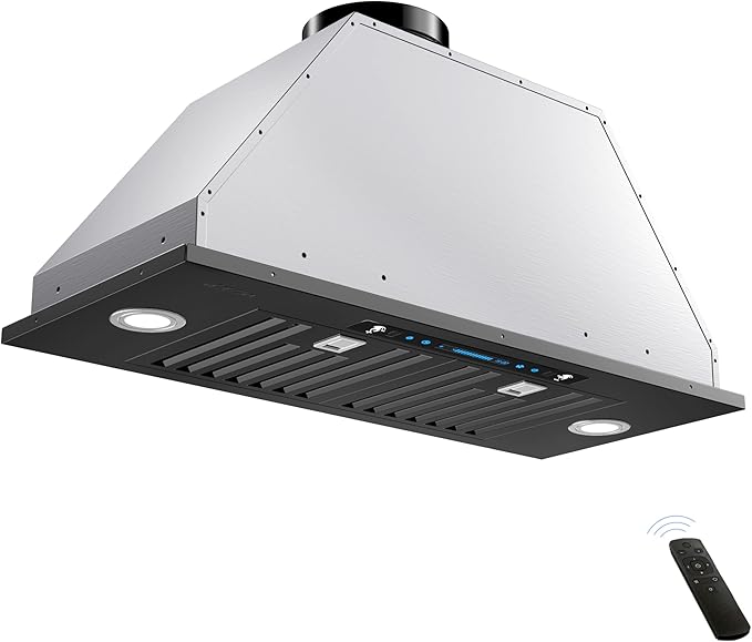 IKTCH 36 inch Black Built-in/Insert Range Hood, 900 CFM Ducted/Ductless Stainless Steel Kitchen Vent Hood with 4 Speed Gesture Sensing&Touch Control Panel(IKB01-36-BSS)