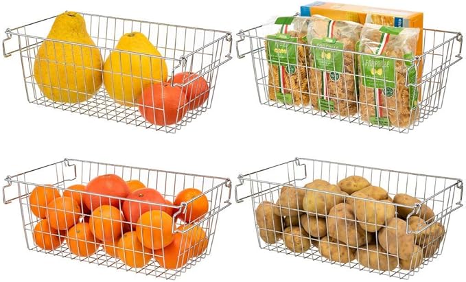 SANNO Chest Freezer Basket Stackable Baskets, Pantry Storage and Organization Chest Freezer Bins Stackable Potato and Onion Storage Bin Metal Baskets for Storage,set of 4