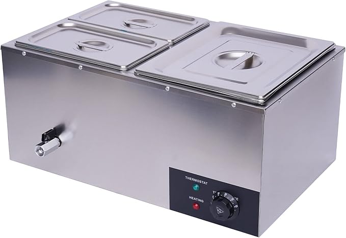 3-Pan Commercial Steam Table, Electric Bain Marie Food Warmer 600W Stainless Steel Countertop Buffet Food Warmer Container 21.6Qt with Lid and Tap for Catering, Restaurant, Buffets