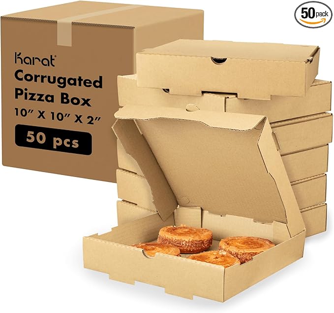 Karat Pizza Boxes 10" x 10" [50 Pack] Kraft Corrugated Boxes | Ventilated, Grease-Resistant, Durable for Pizza or Mailing Use